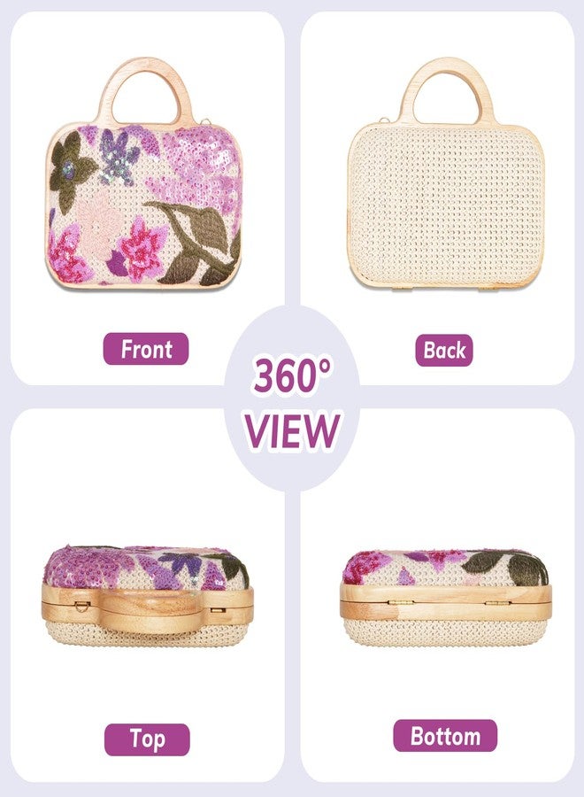 VNIMTI Floral Embroidery Sequin Clutch Evening Bag, Straw Beaded Purse for Women, Cute Ladies Wooden Handbag with Chain for Wedding, Party - Image 4